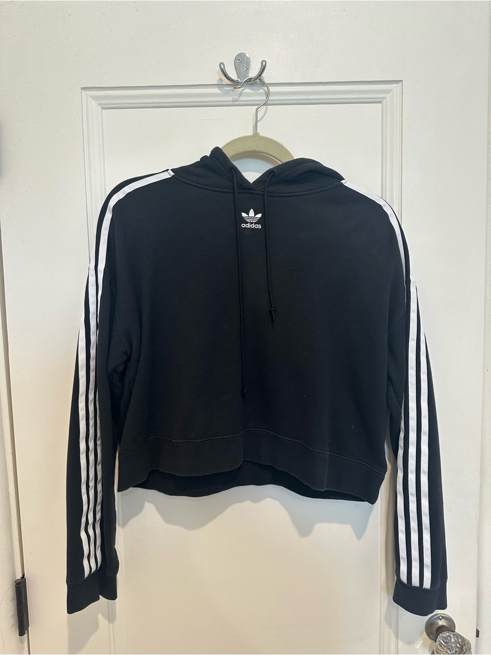 adidas Black Cropped Hoodie with White Three-Stripe Sleeves